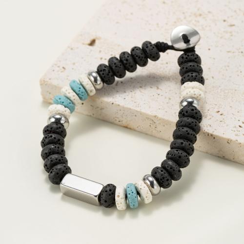 Gemstone Armbånd, Lava, med Titanium Stål & Zinc Alloy, Flad Rund, sølvfarvet forgyldt, mode smykker & Unisex, blandede farver, Solgt af PC