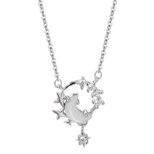 Circón cúbico micr3ofono pavimenta collar de plata esterlina, Plata de ley 925, con Ojo de gato, con 5cm extender cadena, Luna y estrella, Joyería & micro arcilla de zirconia cúbica & para mujer, más colores para la opción, longitud aproximado 40 cm, Vendido por UD