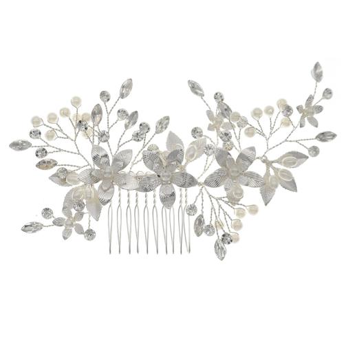 Peinetas Decorativas, aleación de zinc, con Perlas plásticas, Joyería & para mujer & con diamantes de imitación, plateado, 150x70mm, Vendido por UD