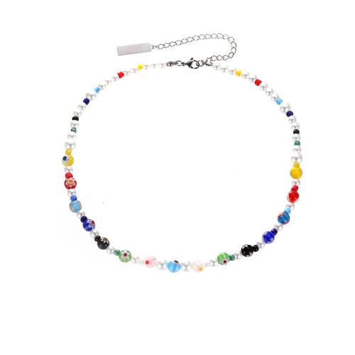 Collier Murano, Millefiori Lampwork, avec Des billes de verre & Acier inoxydable 304, avec 8cm chaînes de rallonge, bijoux de mode & unisexe, multicolore, Longueur 45 cm, Vendu par PC