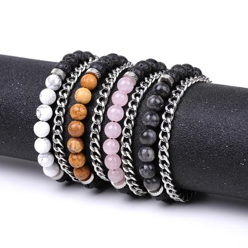 Βραχιόλια Gemstone, Λάβα, με Φυσική πέτρα & Nylon Cord & 304 από ανοξείδωτο χάλυβα, κοσμήματα μόδας & διαφορετικά υλικά για την επιλογή & για άνδρες και γυναίκες, περισσότερα χρώματα για την επιλογή, Bracelet length 17-26cm, Sold Με PC