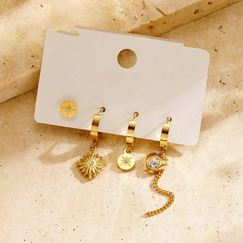 Titanium Steel  Earring gold color plated fashion jewelry & with rhinestone golden Sold By Set