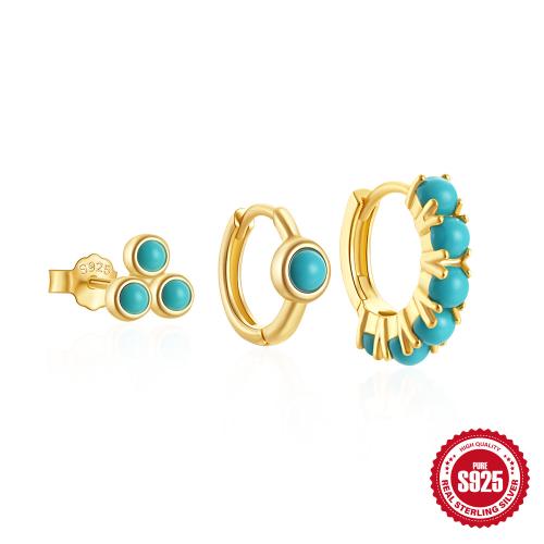 925 sterline d'argento Set orecchino, with turchese, placcato color oro, 3 pezzi & per la donna, Venduto da set