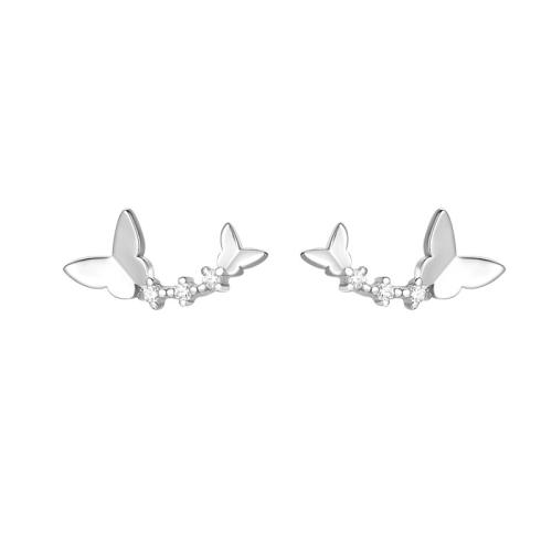 925 Sterling Sølv Stud Earring, Butterfly, platineret, Koreansk stil & for kvinde & med rhinestone, 13.08x5.96mm, Solgt af par