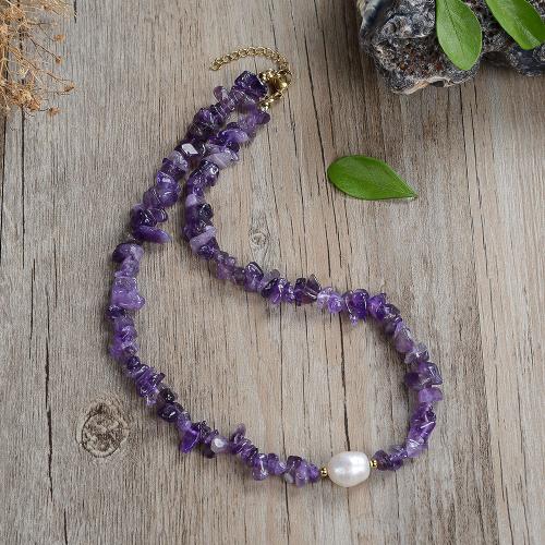 Natural Gemstone Necklace, Natural Stone, with Freshwater Pearl & 316 Stainless Steel, fashion jewelry & Unisex, more colors for choice, Length Approx 45 cm, Sold By PC