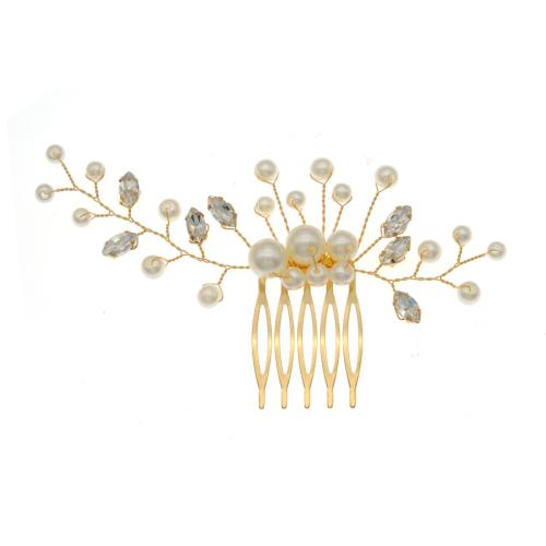 Dekoratív Hair Combs, Cink ötvözet, -val Műanyag Pearl, divat ékszerek & a nő & strasszos, aranysárga, 120x65mm, Által értékesített PC