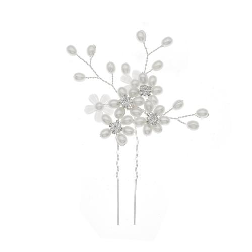 Hair Stick Zinc Alloy with Plastic Pearl fashion jewelry & for woman & with rhinestone silver color Sold By PC