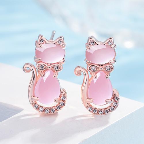 Messing Stud ørering, med Rose Quartz, Cat, forgyldt, for kvinde & med rhinestone, flere farver til valg, nikkel, bly & cadmium fri, 10x17mm, Solgt af par