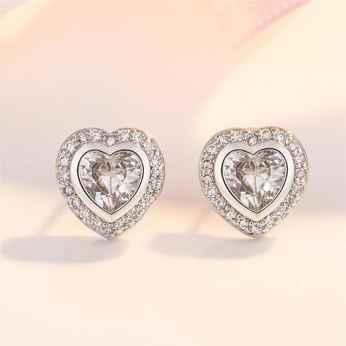 Messing Stud ørering, Heart, forgyldt, for kvinde & med rhinestone, flere farver til valg, nikkel, bly & cadmium fri, 9x9mm, Solgt af par