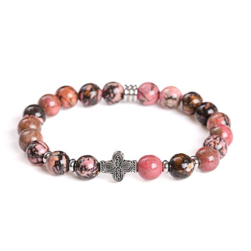 Rhodonite Armband, met 304 roestvrij staal & Zinc Alloy, Four Leaf Clover, handgemaakt, folk stijl & voor vrouw, Lengte Ca 7-7.5 inch, Verkocht door PC