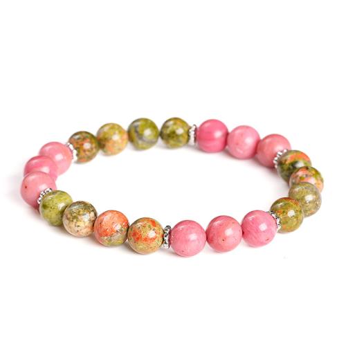 rhodonite bracelet, avec unakite & alliage de zinc, Rond, fait à la main, naturel & unisexe, beads length 8mm, Longueur Environ 7-7.5 pouce, Vendu par PC