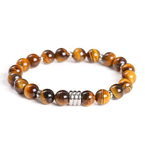 Tiger Eye Rannerengas, kanssa 304 Stainless Steel, Pyöreä, eri materiaaleja valinta & Unisex, beads length 8mm, Pituus N. 7-7.5 tuuma, Myymät PC