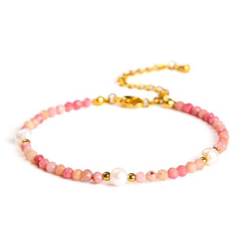 Rhodochrosite Bracelet with Plastic Pearl & 304 Stainless Steel handmade for woman & faceted beads length 3mm Length Approx 6.5-7 Inch Sold By PC