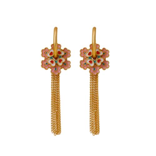 Fashion Fringe Oorbellen, Messing, Bloem, gold plated, voor vrouw & glazuur, gemengde kleuren, nikkel, lood en cadmium vrij, 57x19x4mm, Verkocht door pair