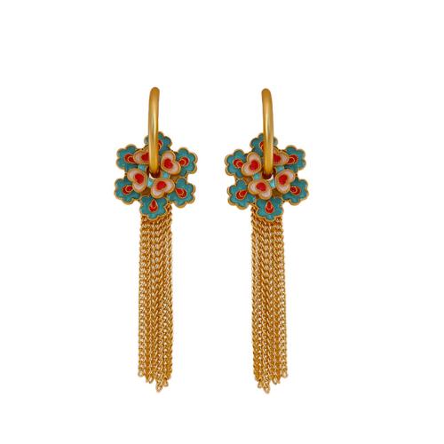 Fashion Fringe Oorbellen, Messing, Bloem, gold plated, voor vrouw & glazuur, gemengde kleuren, nikkel, lood en cadmium vrij, 57x19x4mm, Verkocht door pair