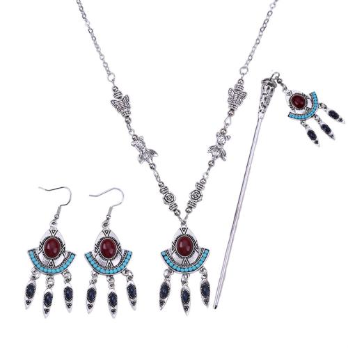 Set gioielli in lega di zinco, bastone dei capelli & orecchino & Collana, lega in zinco, placcato, tre pezzi & gioielli di moda & stili diversi per la scelta & per la donna, Hairpin pole :16cm, necklace :50cm, earrings :5cm., Venduto da set