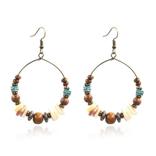 Boucles d'oreilles en alliage de zinc, avec coquille & bois, fait à la main, bijoux de mode & pour femme, plus de couleurs à choisir, 70mm, Vendu par paire