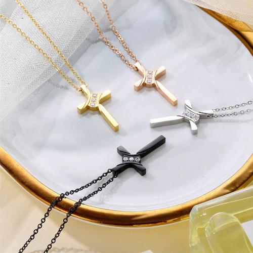 Stainless Steel Jewelry Necklace, 304 Stainless Steel, Cross, plated, Unisex & micro pave cubic zirconia, more colors for choice, Length Approx 41-50 cm, Sold By PC