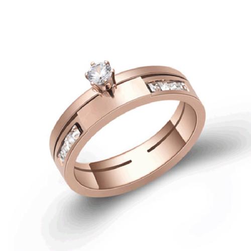 Bague acier titane, pavé de micro zircon & pour femme, couleur or rose, Vendu par PC