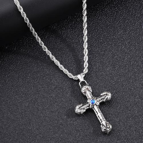 Collier de bijoux en acier inoxydable, Acier inoxydable 304, avec Acier titane, Placage, pavé de micro zircon & pour homme, argent, Vendu par PC