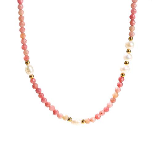 rhodonite collier, avec Shell Pearl & Acier inoxydable 304, avec 2inch chaînes de rallonge, fait à la main, bijoux de mode & pour femme & facettes, Longueur Environ 15 pouce, Vendu par PC