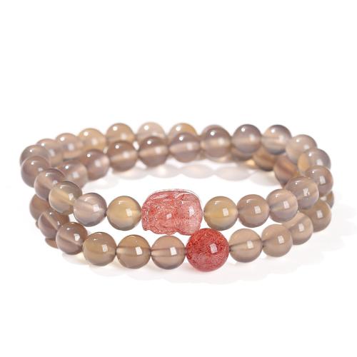 agate grise bracelet, avec Strawberry Quartz, bête sauvage Fabuleuse, fait à la main, Double couche & pour femme, Longueur Environ 7-7.5 pouce, Vendu par PC