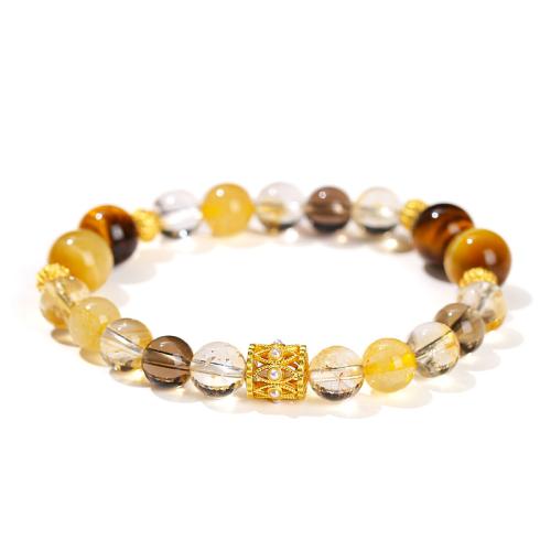 perles de citrine bracelet, avec oeil de tigre & laiton, Rond, fait à la main, bijoux de mode & unisexe, Longueur Environ 7-8 pouce, Vendu par PC