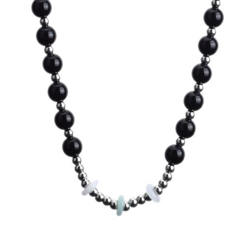 Collier de bijoux en acier inoxydable, Acier inoxydable 304, avec Jade & perle de plastique, avec 10cm chaînes de rallonge, poli, bijoux de mode & unisexe, noire, Longueur Environ 40 cm, Vendu par PC