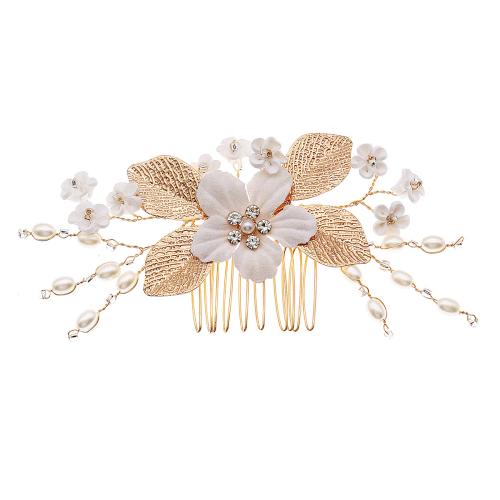 Cabelo nupcial decorativa Comb, liga de zinco, with argila de polímero & Concha de resina, joias de moda & para mulher & com strass, dourado, 130x75mm, vendido por PC