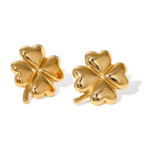 Stainless Steel Stud Øreringe, 304 rustfrit stål, Four Leaf Clover, 18K forgyldt, mode smykker & for kvinde, gylden, 26.50x21.40mm, Solgt af par