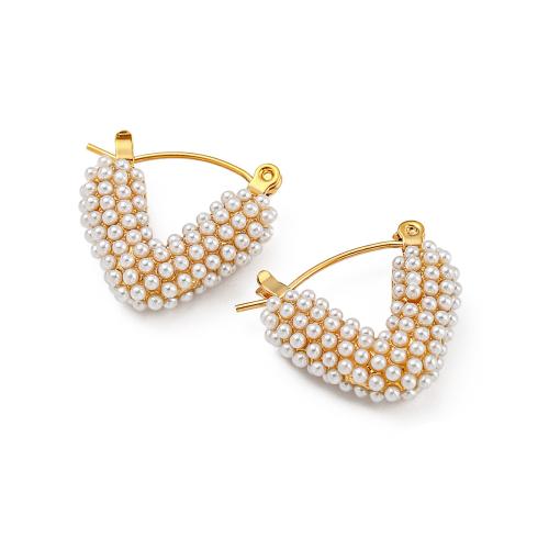 Rostfritt stål spaken bakåt Earring, 304 rostfritt stål, med Plast Pearl, 18K guldpläterad, mode smycken & för kvinna, gyllene, 18.80x18mm, Säljs av Par