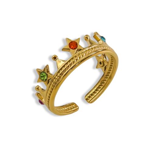 Zirkoon roestvrij staal vinger ring, 304 roestvrij staal, met Cubic Zirconia, Kroon, Verstelbare & mode sieraden & voor vrouw, gouden, Ring inner diameter:17-20mm, Verkocht door PC