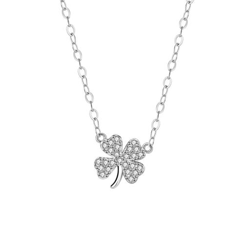 925 sterling zilver Halsketting, met 2inch extender keten, Four Leaf Clover, geplatineerd, voor vrouw & met strass, Lengte Ca 15.7 inch, Verkocht door PC