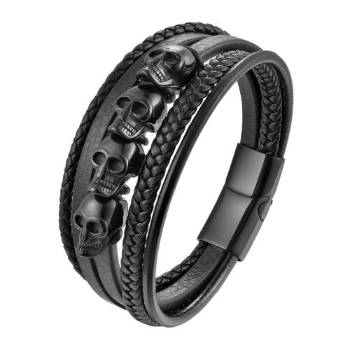 PU Leather Cord Bracelets with 304 Stainless Steel Skull Vacuum Ion Plating vintage & for man Length 21 cm Sold By PC