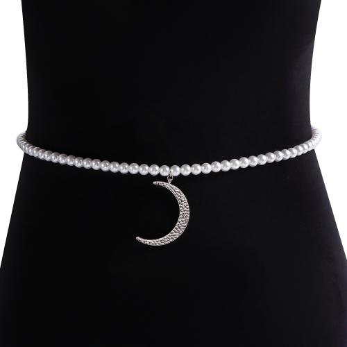 Joyería del cuerpo cadena, aleación de zinc, con Perlas plásticas, Luna, chapado en color de plata, para mujer, Blanco, libre de níquel, plomo & cadmio, Vendido por UD