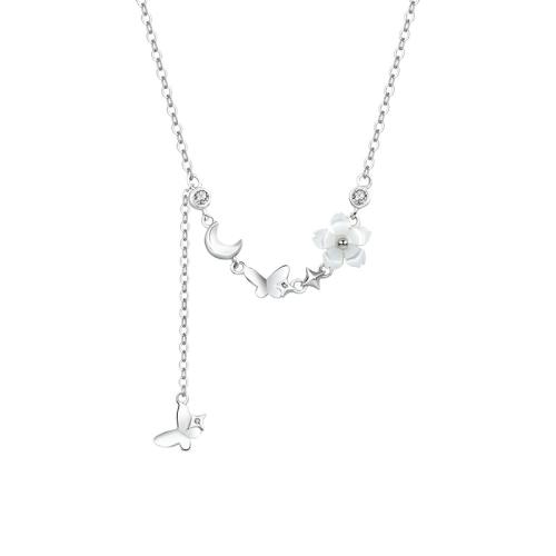 Kubieke Zircon Micro effenen Sterling zilveren ketting, 925 Sterling Zilver, met White Shell, met 5CM extender keten, micro pave zirconia & voor vrouw, platina kleur, Lengte Ca 40 cm, Verkocht door PC