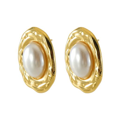 Stainless Steel Stud Earrings 304 Stainless Steel with Plastic Pearl plated & for woman golden Sold By Pair