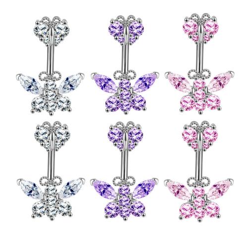 Messing Buikring  , plated, micro pave zirconia & voor vrouw, meer kleuren voor de keuze, Small butterfly width 7.5MM* height 6MM1.6*+ large butterfly 14MM* height,10MM-1.6mm bend rod, Verkocht door PC