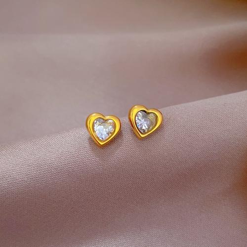 Stainless Steel Stud Øreringe, 304 rustfrit stål, med Cubic Zirconia, Heart, mode smykker & for kvinde, flere farver til valg, 8x8mm, Solgt af par