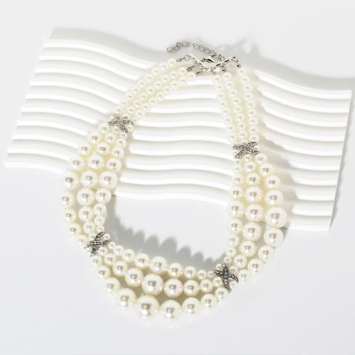 Collar de perlas de plástico, Perlas plásticas, con 2.76 Inch extender cadena, Joyería & multicapa & para mujer & con diamantes de imitación, Blanco, longitud 18.5 Inch, Vendido por UD