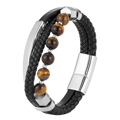 Stainless Steel smycken Armband, 316L rostfritt stål, med PU & Tiger Eye, polerad, för människan, blandade färger, Längd 21 cm, Säljs av PC