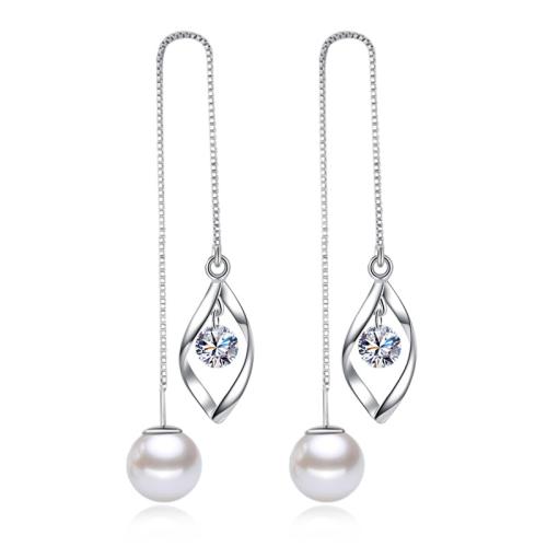 925 Sterling Silver Snáithe Trí Earrings, le Pearl Fionnuisce, Patrún Geoiméadrach, platanam plátáilte, do bhean & le zirconia ciúbach & log, 113mm, Díolta De réir Péire