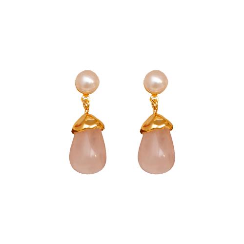 Mässing Stud Örhänge, med Kalcedon & Freshwater Pearl, 18K guldpläterad, mode smycken & för kvinna, rosa, 26x10mm, Säljs av Par