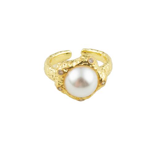 Brass Finger Ring with Plastic Pearl high quality gold color plated fashion jewelry & for woman Inner Approx 17mm Sold By PC