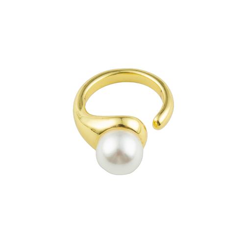 Mässing Finger Ring, med Plast Pearl, högkvalitativ guldfärg pläterade, mode smycken & för kvinna, 31x22x12mm, Innerdiameter:Ca 17mm, Säljs av PC