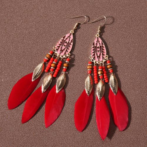 Mode Feather Earring, Zinc Alloy, met Seedbead & Veer, plated, folk stijl & voor vrouw, meer kleuren voor de keuze, 100mm, Verkocht door pair