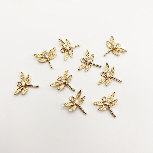 Terningformet Zirkon Micro Pave Messing vedhæng, Dragonfly, forgyldt, du kan DIY & Micro Pave cubic zirconia, gylden, 14x13mm, 10pc'er/Lot, Solgt af Lot