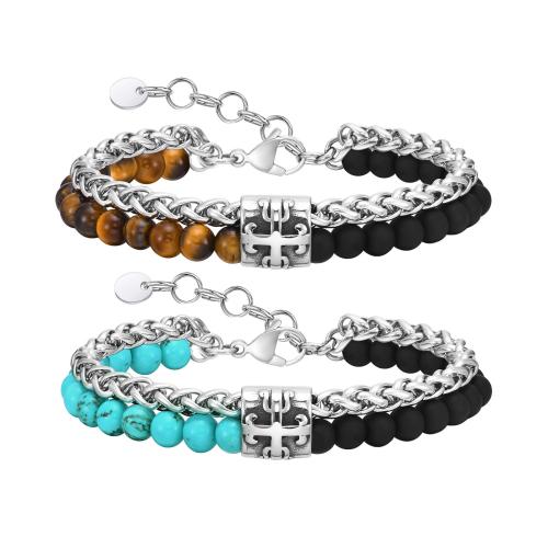 Bijoux bracelet en acier inoxydable, Acier inoxydable 304, avec turquoise & oeil de tigre & Agate, Double couche & bijoux de mode & pour homme, Longueur Environ 19-22.5 cm, Vendu par PC