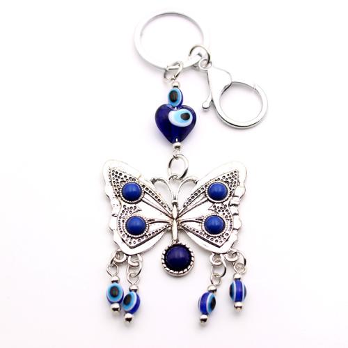 Zinklegering sleutelhanger haak, Zinc Alloy, met Lampwork, silver plated, boze oog patroon, blauw, nikkel, lood en cadmium vrij, Verkocht door PC