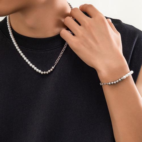 Zinklegering Sieraden Sets, armband & halsketting, Zinc Alloy, met Plastic Pearl, silver plated, voor de mens, nikkel, lood en cadmium vrij, Verkocht door PC